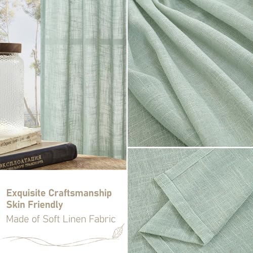 LAMIT 102 Inch Length Light Filtering Sheer Linen Curtains, Linen Textured Semi Sheer Back Tab and Rod Pocket Natural Boho Drapes for Living Room/Farmhouse, 2 Panels, Light Sage, 52 x 102 Inch