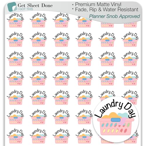 Laundry Day Planner Stickers &ndash; 54 Mini Vinyl Labels for Chores, Cleaning Routines...