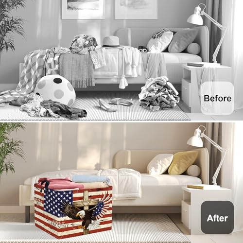 Image of Memorial Independence Day Baby Gift Basket Empty Retro America Flag Patriotic Storage Bin Gnome Rectangle Clothes Toy Book Shelf Basket, Eagle, 36L