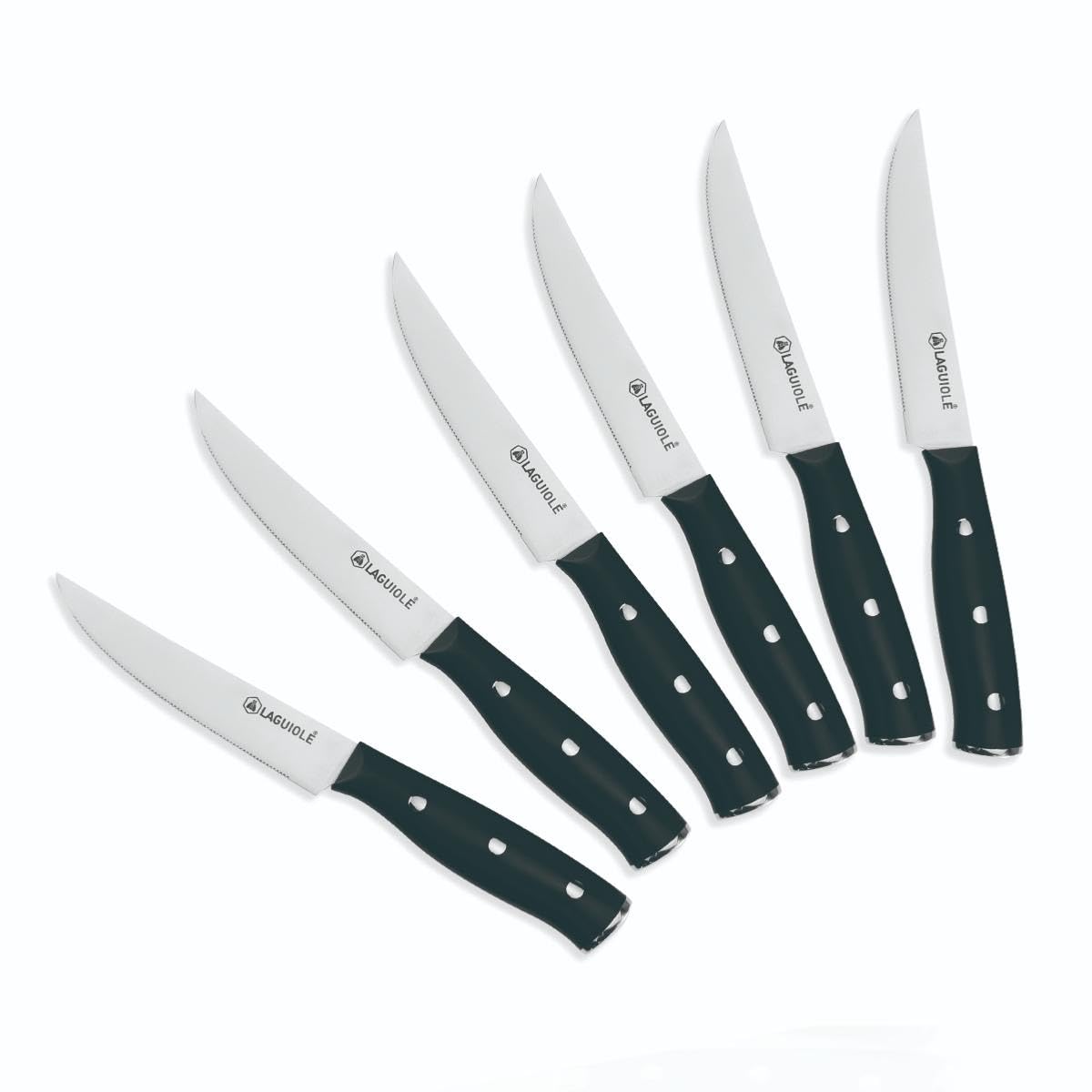 LAGUIOLE, Juego de 6 Cuchillos para Carne 'Gleam' Negros - Hoja de Acero 3CR13, Mango Ergonómico de ABS, Nitidez Excepcional, Dureza 53 HRC, 22,3 cm, Acabado Espejo, Negro