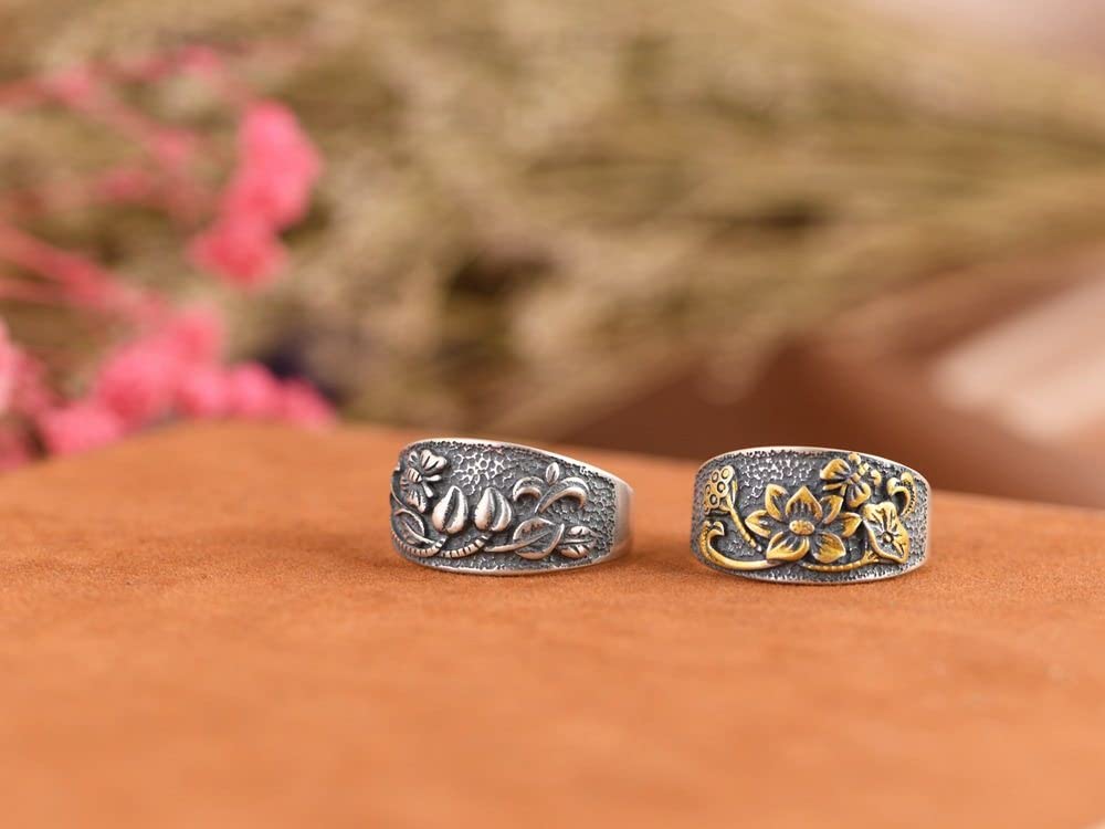 HGJH Ring Silber 925 Damen, 925 Sterling Silber Damen Schmetterling Lotusblume Verstellbare Ringe Vintage Ethnische Matte Verstellbare Ringe Energie Charme Hochzeit Schmuck Geschenke Für Männer Damen