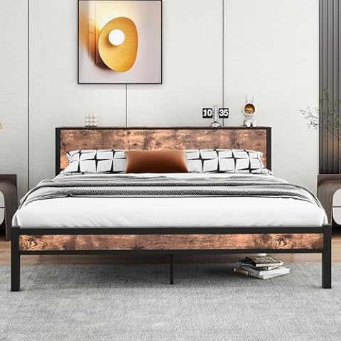 HOMERECOMMEND King Bed Frame with Wood Storage Headboard,Platform Bed Frame King Size,Strong Slats Mattress Foundation,Easy Assembly,Black+Vintage Brown Cover