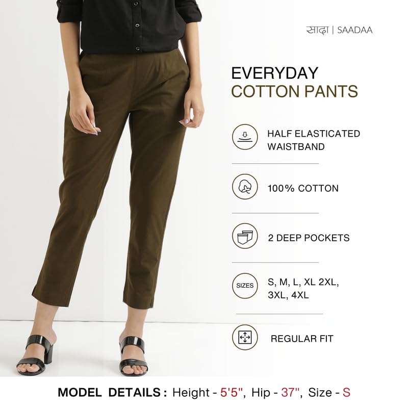 Image of SAADAA Women Cotton Pant Regular Slim Fit Mid Rise Trouser, Pocket Pants for Office School Formal Casual Daily Use