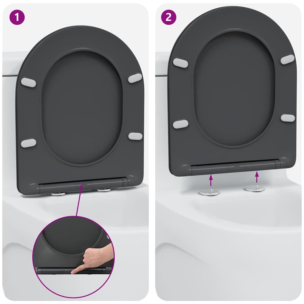 Asiento de inodoro antracita 47 x 36 x 3,4 cm de Duroplast para inodoro con descenso automático, bisagra y montaje para baño y apartamento