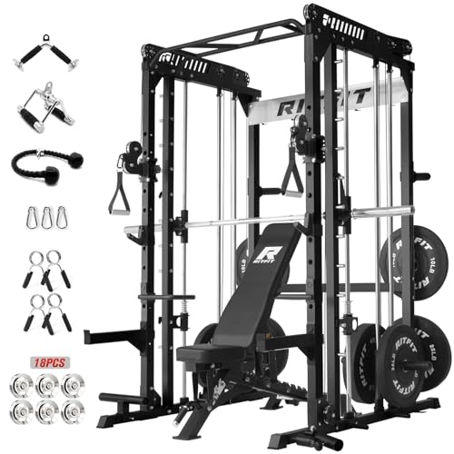 Image of RitFit M1 Pro Smith Machine Package, All-in-One Power Cage with Weight Stack Set, Includes LAT Pulldown & Cable Crossover System for Home Gym