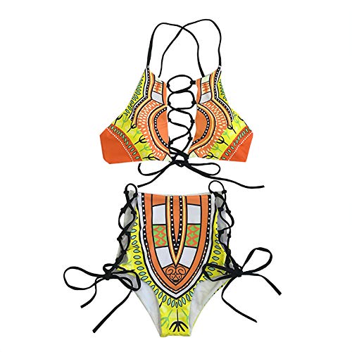 Girlandsea Women African Backless Bikini High Waist Tankini Bathing Suit Strap Swimsuit Set M Yellow #TOP2