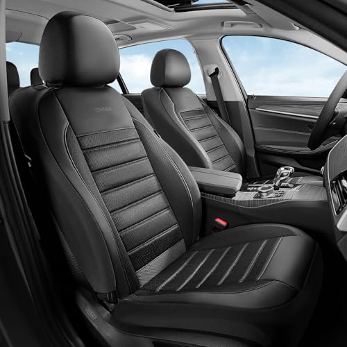 Coverado Car Seat Covers Front Seats, Luxury Leather Car Seat Covers, Automotive Mesh Seat Covers 2 Pack, Airbag-Compatible, Black Seat Covers for SUV Sedan Truck