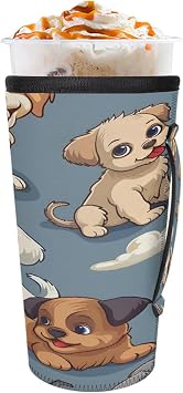 Cute Dogs Reusable Iced Coffee Sleeves Neoprene Coffee Sleeve with Handle for Hot and Cold Drinks Insulated Cup Sleeve for Starbucks Dunkin Coffee 16-18oz