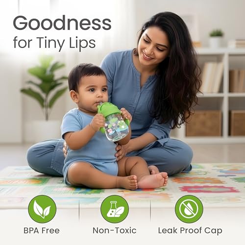 Image of LuvLap Joy Anti Spill Sipper for Kids with Twin Easy-Grip Handles, 270 ml, Sippy Cups with Soft Silicone Straw, Training Cup for Kids,Water Bottle, Non-Toxic & BPA Free, 1 Year+ (Green) (Pack of 5)