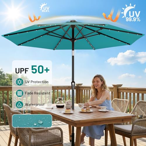 Image of AreShark 9FT Patio Umbrella with Solar Lights, 32 Lighted Pool Umbrella w /Tilt and Crank, Outdoor Market Solar Umbrellas for Garden, Deck, Backyard, Pool and Beach, Lake Blue