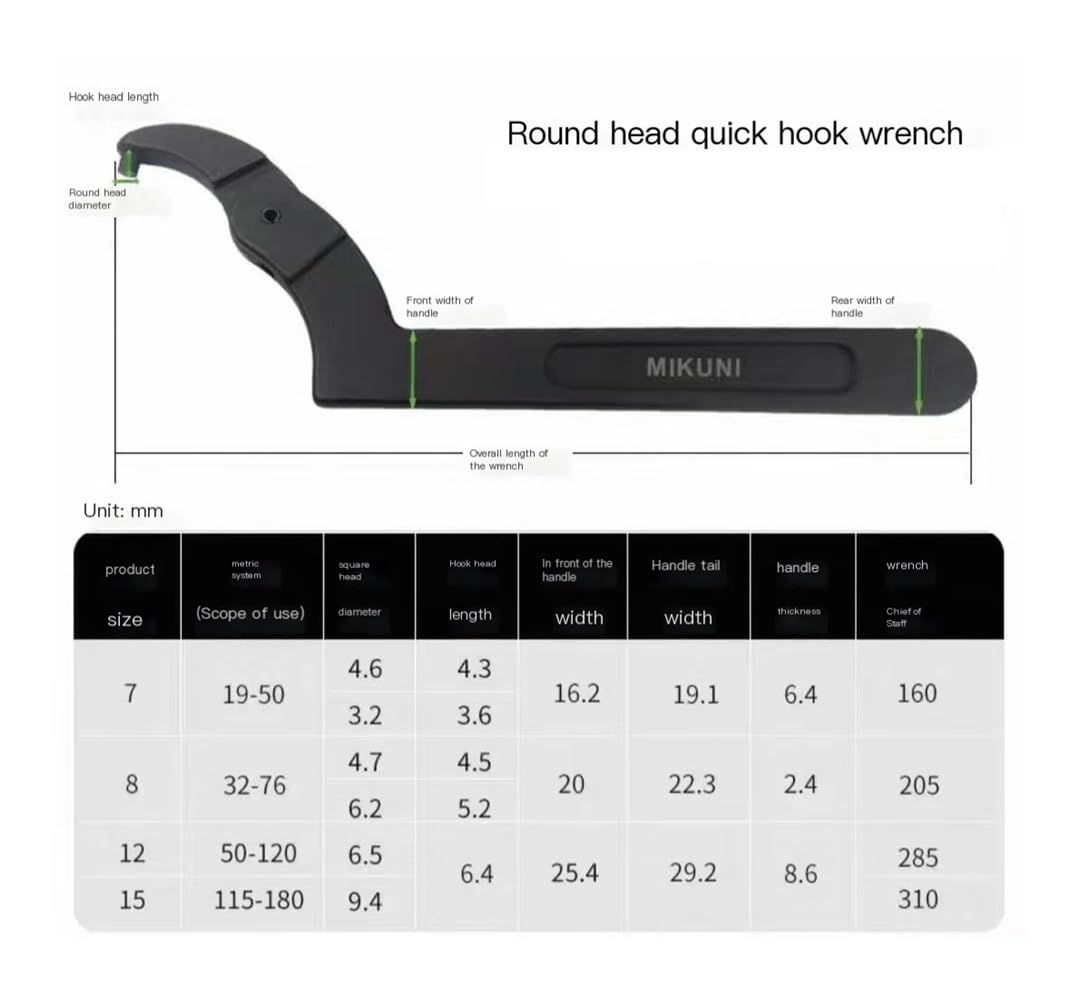 Llave de gancho de llave, cabeza redonda ajustable de 1 1/4 a 3 pulgadas, CRV para equipos mecánicos de vehículos, ideal para apretar tuercas y rodamientos