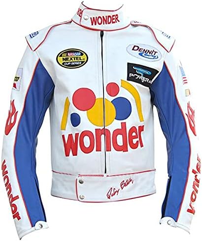 Ricky Bobby Wonder Jacket Racing White Faux Leather Jacket (US, Alpha, X-Small, Regular, Regular, Womens)