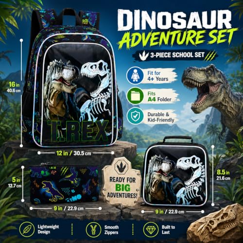 Image of WZLVO 3PCS Dinosaur Backpack for Boys, 16 inch Cool UV Printing Kids Bookbag /School Bag with Lunch Box & Pencil Bag for Preschool to Elementary - T-Rex Bone