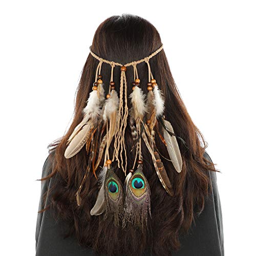 Mwoot Diadema para el Pelo de Pavo Real Pluma Venda, Indio Hippie...