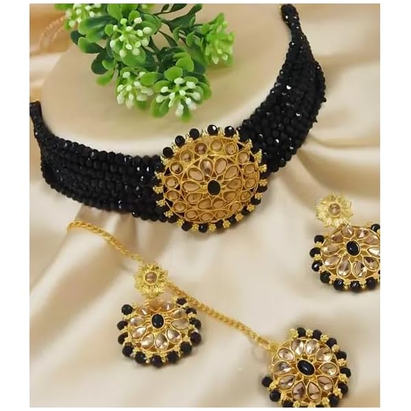 Gold Plated Pearl Beaded Adjustable Choker Necklace with Earring Maang Tikka Jewellery Set For Womens and Girls - Image 3
