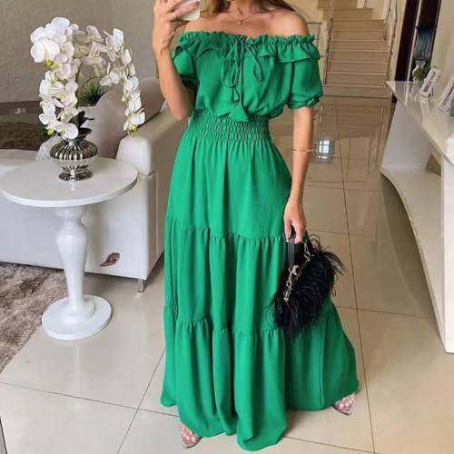 Dress with Puffed Sleeves Fashionable Lacing Halter Neckline Pure Color Large Skirt with Lotus Leaf Edge3