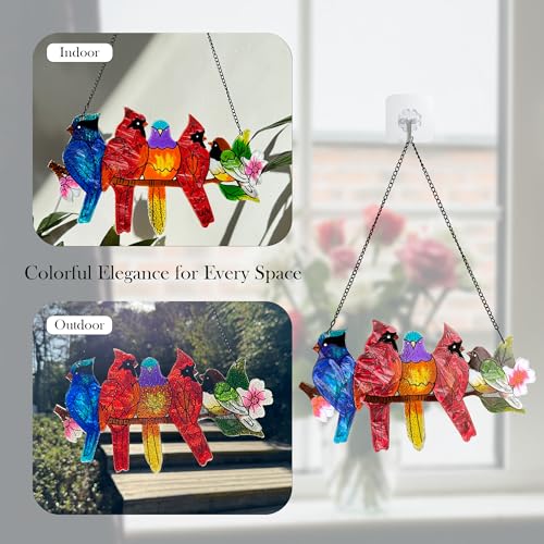 Image of DASTOLL Stained Glass Window Hanging - Large Stained Glass Birds on Branch, Birds Sun Catchers Indoor Window with Chain and Hook Gifts for Bird Lover, Mom, Grandma, Stocking Stuffers for Women