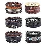 JeweBella 24 Stück Geflochtene Leder Armbänder für Herren Damen Punk Seil Manschette Armband Set Vintage Perlen Schwarz Braun Wrap Einstellbar Armbänder Set
