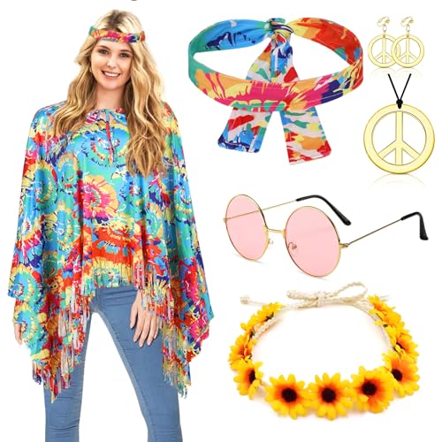 Hippie Kostüm Damen Set mit Hippie Poncho und Zubehör Karneval Fasching...