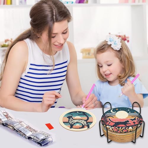 Gemozaic 8PCS Diamond Art Coasters Kit, Cat Diamond Painting Coasters with Holder, Animals Gem Art Kits for Adults Beginners, Arts and Crafts Supplies Black Cat, 4x4 in — view 5