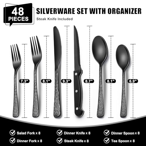 Image of 49-Piece Black Silverware Set with Organizer, Food-Grade Stainless Steel Black Flatware for 8, Cutlery Utensil Sets with Steak Knives, Rust-proof, Mirror Polished, Dishwasher Safe, Tree Pattern
