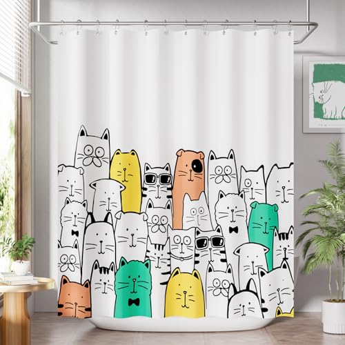 AmazerBath Shower Curtain, Washable Cute Kitty Carnival Cloth Shower Curtain Set with 12 Metal Hooks, Kawaii Waterproof Fabric Black and White Shower Curtain for Kids' Bathroom, 72x72 Inches
