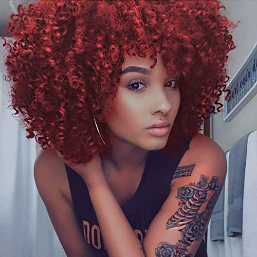 Curly Wigs for Black Women - Premium Curly Afro Wig, Short Synthetic Kinky Curly Wig with Bangs(Burgundy #39A)