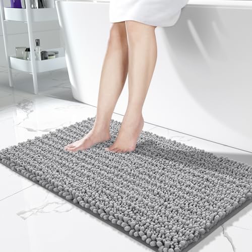 Yimobra Long Bathroom Rugs Non Slip Washable 44x24 Inch - Ultra Soft Absorbent Chenille Bath Mat, Quick Dry Shaggy Floor Carpet for Tub Shower, Gray Home Decor Accessories