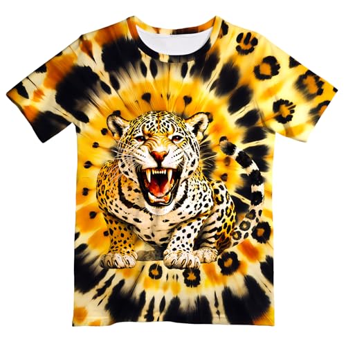 UGTEWXU Kids Gold Black Tie Dye Shirt for Girls Boys Leopard Print Shirts Leopard T-Shirt Hippes Animal Tee 6-16 Years Age Size X-Small