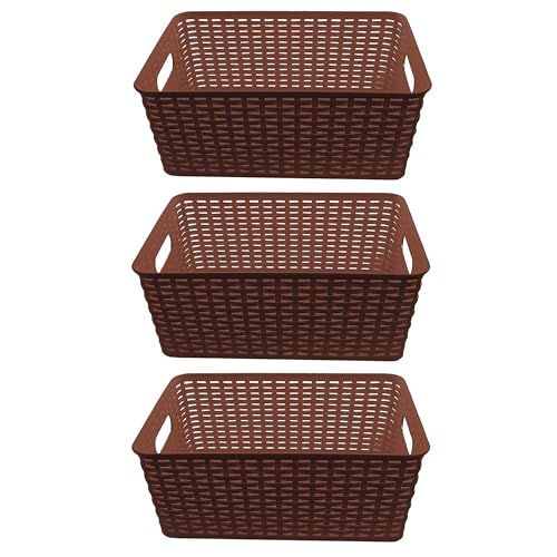 YBM Home Small Plastic Rattan Storage Box Basket Organizer - Brown - 3 Pack