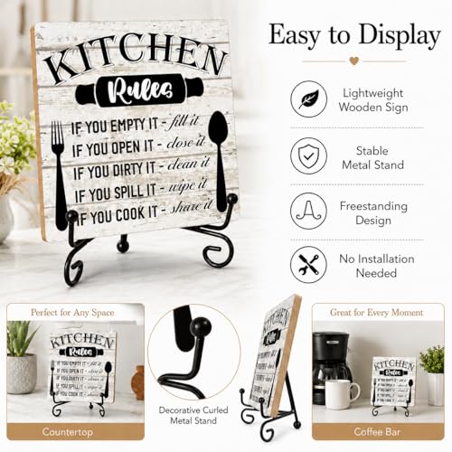 Image of Rustic Wood Plaque with Stand - Kitchen Decor - Kitchen Rules Wood Sign - Idea Wooden Decor for Home Living Room Dining Room Shelf Table Decoration (31)