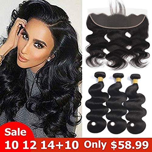 13x4" Full Frontal Lace Closure Ear to Ear Free Part Closure 10A Brazilian Body Wave Unprocessed Virgin Human Hair Bleached Knots Nature Color (13X4101214+10)