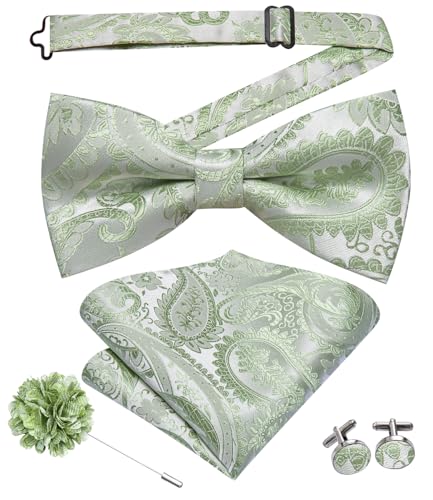 Image of Hi-Tie Bow Tie Men Pre Tied Bowtie Pocket Square Cufflinks Lapel Pin Formal Wedding Bow Ties for Men Party Tuxedo Bowtie Set,Light Green Paisley Floral