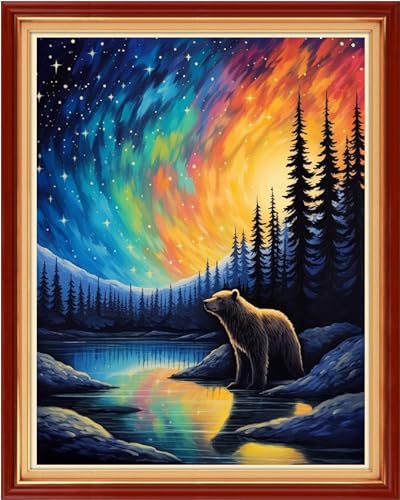Image of Dimxvean Stamped Cross Stitch Kits,Cross Stitch Kits for Adults Beginners,Embroidery Kits Full Range of Cross Stitch Stamped Kits Needlepoint Kits Cross Stitch Patterns-Brown Bear by Lake 16x20 inch