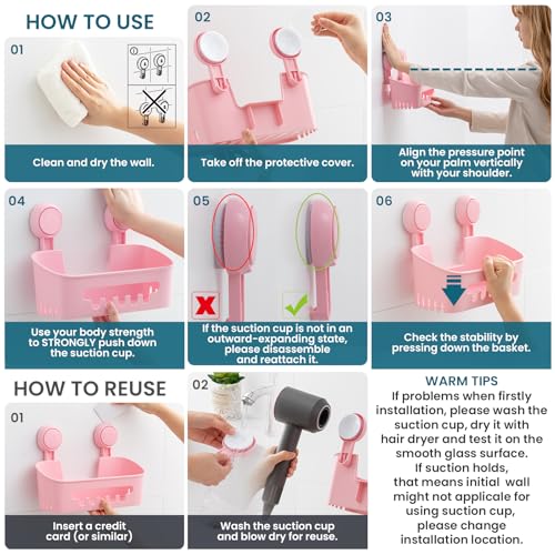 Image of TAILI Shower Caddy Suction Cup, Heavy Duty Bathroom Organizer, Removable Shelves for Inside Shower, Shampoo, Waterproof Suction Plastic Storage for Bathroom Accessories Holder, Pink