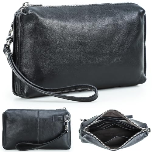 Image of Top Grain Genuine Leather Clutch Wallet with Wristlet for Man & Woman, Handmade Simple Retro Vintage Design, Multi Pockets & Card Slots, RFID Large Capacity for Cards /ID /Checks /Banknote /Phone, Black