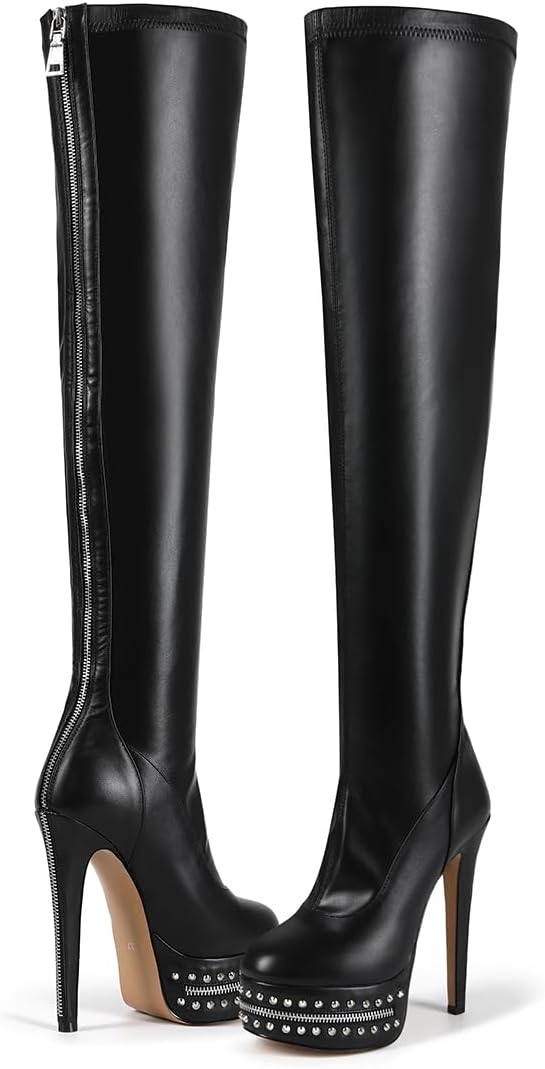 Feinlina Women's Over Knee High Stiletto Platform Boots Sexy Black Leather Thigh High Heel Boots with Studded Zipper