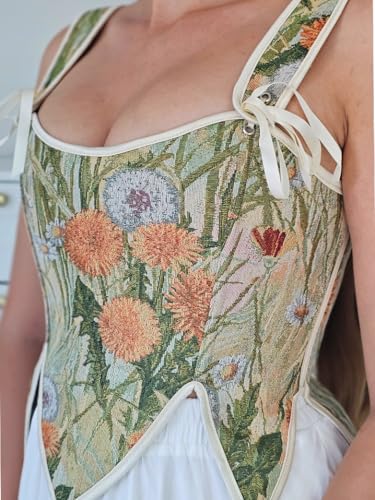 Image of SCARLET DARKNESS Corset Tops for Women Renaissance Costume Floral Lace Up Boned Bustier with Zip