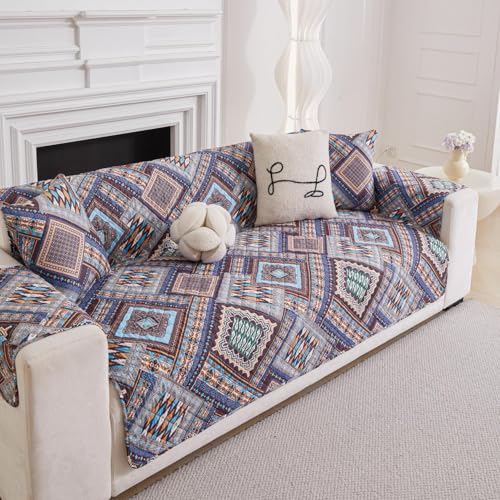 Image of HOMETHREADS Premium Style Anti Slip Sofa Cover Set | Cotton Sofa Slipcover | 1Pc Front Cover with Attached Armrest + 1Pc Back Cover (Sqaure Blue, 4 Seater | 200x185cm)