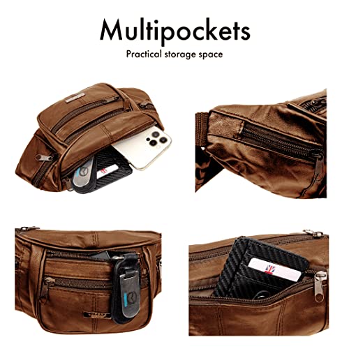 Image of Woodland Leathers Genuine Leather Bum Bag, Waterproof Belt Bag and Bumbags for Women and Men Waist Bag as Travel Holiday Money Belt, Dog Walking Fashion Bum Bag and Running Fanny Pack, Brown 1, L,