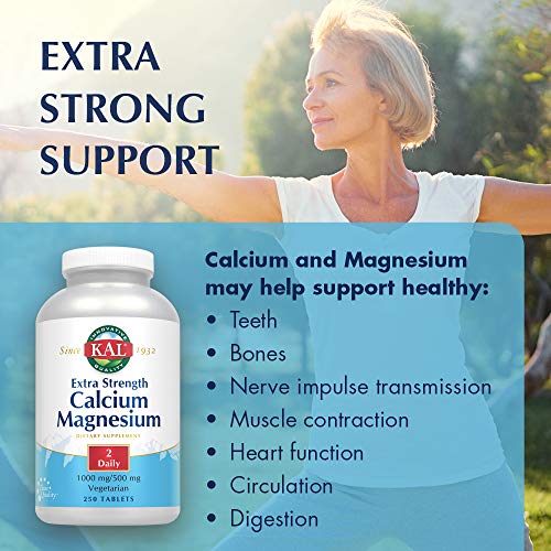 Kal Extra Strength Calcium Magnesium | 1000Mg/500Mg | Healthy Bones, Teeth, Nerve & Muscle Support | Rapid Disintegration | Vegetarian | 250 Tablets #TOP2
