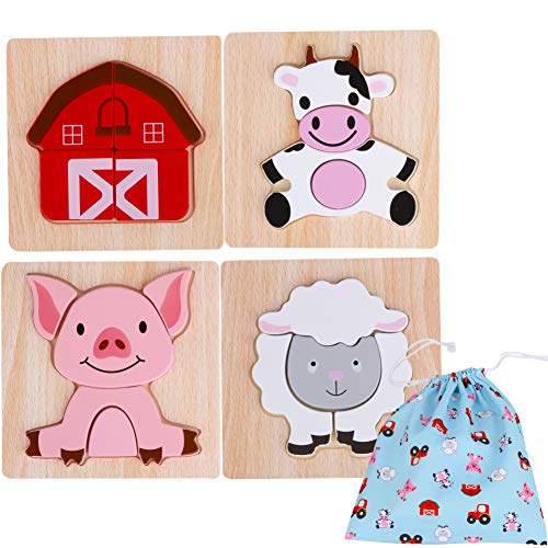 Wooden Puzzles For Toddlers 1-3 – Educational Jigsaw Puzzlestoys For Preschool Kids Ages 1 2 3 Year Old Boys Or Girls Gift With Matching Canvas Bag - Farm Wooden Animals Set Developmental Games #TOP20