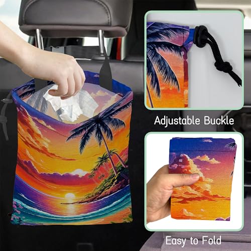 Image of Beach Sunrise Car Garbage Bag,Palm Tree Waterproof Small Car Trash Bag Hanging Back of Seat,Drawstring Hanging Car Trash Bag with Adjustable Buckle for Car Accessories