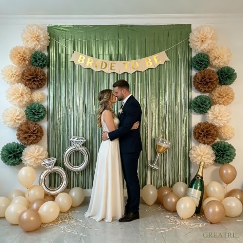 Image of Sage Green Foil Fringe Streamers - GREATRIL Shiny Tinsel Curtain Backdrop for Boho Baby Shower /Birthday /Bridal Party Decorations 8.2ft x 3.2ft 2 PCS
