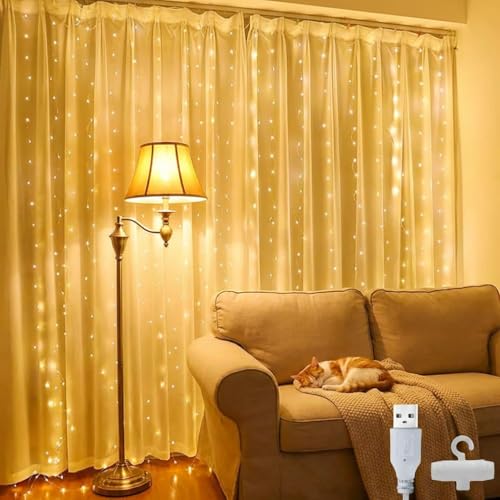 Afaiup Fairy Lights 2x2m, 200 LED Curtain Lights Indoor, USB Hanging Light for Christmas, Wedding, Party, Wall, Home Decorations - Warm White