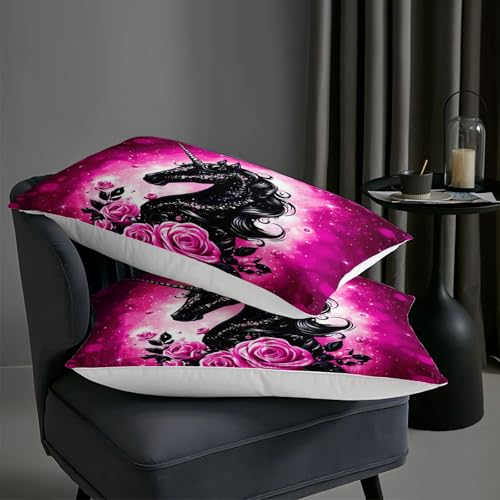 Image of AILONEN Unicorn Comforter Set Twin Size,Pink and Black Sparkling Bedding Set 3Pcs,Bedroom Decor for Girls Teens,Fantasy Glitter Quilt with 2 Pillowcases