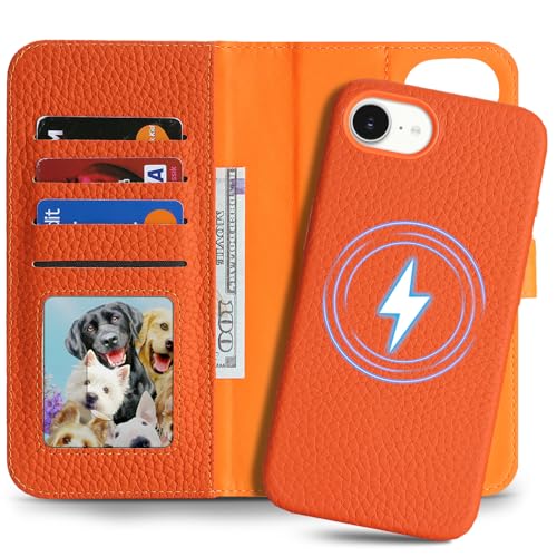 Image of Detachable Genuine Leather Case for iPhone 16e / iPhone 17e Wallet Case Magnetic 2in1 Removable Flip Cover Book Purse Compatible with Magsafe Charging Kickstand Card Holder-Orange