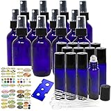 Jalousie 24 Pack Cobalt Blue Refillable Glass Containers include 12 Cobalt Blue Glass Spray Bottles 2oz 60 ml & 12 Cobalt Blue Eye Roller Bottles 0.34oz 10 ml Bonus Stickers Dropper and Bottle Opener