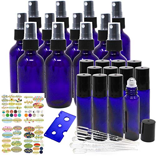 Jalousie 24 Pack Cobalt Blue Refillable Glass Containers include 12 Cobalt Blue Glass Spray Bottles 2oz 60 ml & 12 Cobalt Blue Eye Roller Bottles 0.34oz 10 ml Bonus Stickers Dropper and Bottle Opener