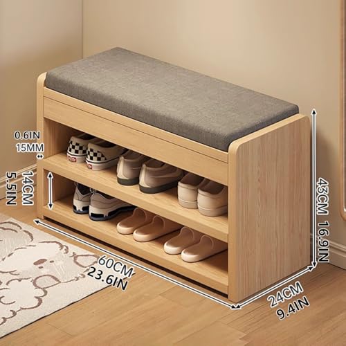 Banc à chaussures rembourré en lin blanc avec structure en bois stable de 60 cm